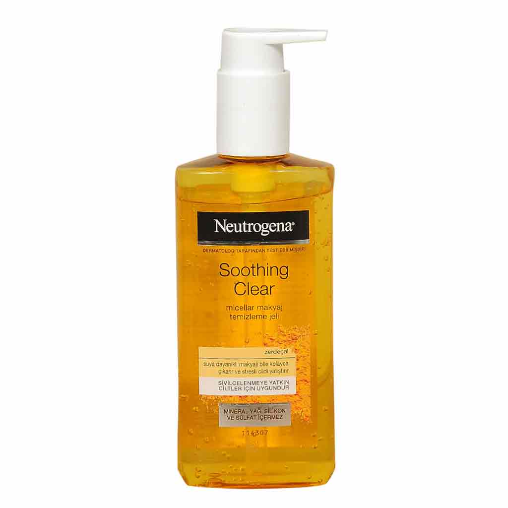 Untitled-5 ژل میسلار پاک کننده آرایش زردچوبه نوتروژینا Neutrogena Soothing Clear مناسب پوست مستعد آکنه 200 میل - Image 1