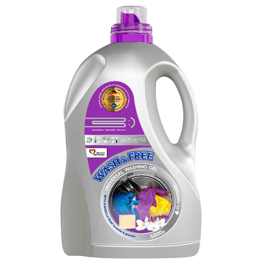 Untitled-3 ژل لباسشویی آلمانی واش اند فری WASH & FREE UNIVERSAL با رایحه یاس و اسطوخودوس مناسب شستشوی دستی و ماشینی 5000 گرم - Image 1