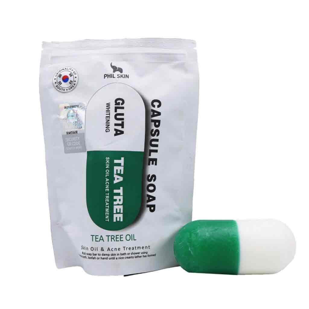 Untitled-8 صابون کپسولی کره ای اصل اسکین Phil Skin Gluta Tea Tree عصاره چای سبز 120 گرم - Image 1