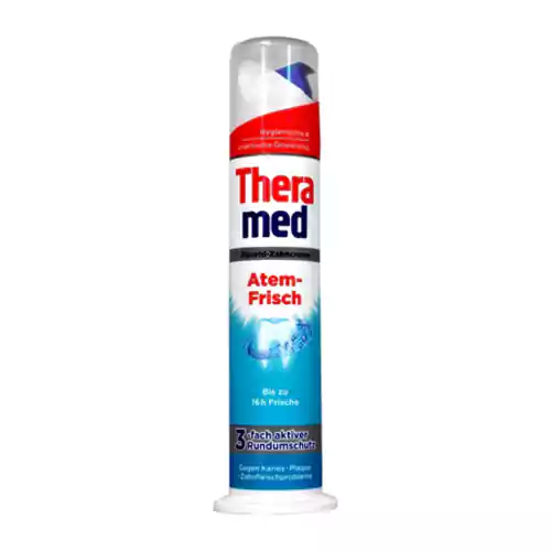 Theramed-Fluoride-Toothpaste-Atem-Frisch-Protection-Antibacterial-Effect-1 خمیر دندان پمپی آلمانی ترامد Thera med Atem Frisch خوش بو کننده قوی و ضد پوسیدگی دندان 100 میل - Image 1