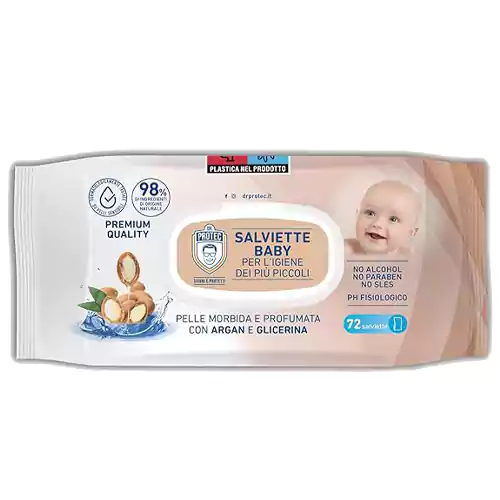 61m9cYdEyPL569_ دستمال مرطوب ایتالیایی کودک دکتر پروتک Dr Protec Argan با رایحه روغن آرگان بسته 72 عددی - Image 1