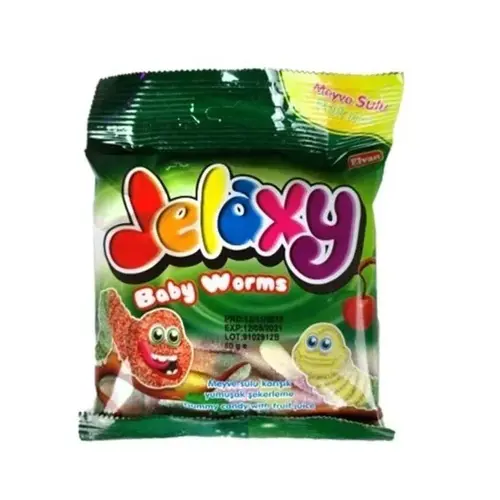 zhevatelnye-marmelady-jelaxy-baby-worms-malenkie-chervi-80gr-paket-2-ezgif.com-resize پاستیل ژلکسی الوان Elvan Jelaxy Baby Worms مدل کرم بچه 80 گرم - Image 1