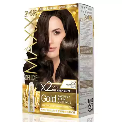maxx-deluxe-golden-beauty-5 کیت رنگ مو مکس لوکس Maxx Deluxe Golden light brown شماره 5.0 پایه رنگ قهوه ای روشن - Image 1