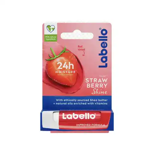 Unnamed-Product-rand-0848-3680-47829344-ezgif.com-optiwebp بالم لب آلمانی لابلو Labello مدل STRAW BERRY Shine با رایحه توت فرنگی _ نرم کننده 24 ساعته 5.5 میل - Image 1