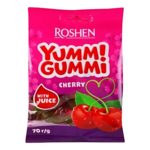 bombones-de-jalea-yummi-gummi-sabor-cereza-22x70g-roshen-ezgif.com-resize پاستیل اکراینی روشن یام گامی Yumm Gummi GUMMI Mini kiraz مدل گیلاس 70 گرم - Image 1