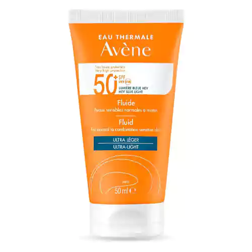 Avene Sunscreen SPF50+ Fluid کرم ضد آفتاب رنگی فرانسوی اون Avene Sunscreen Fluid SPF50 محافظت 24 ساعته مناسب انواع پوست 50 میل رنگ روشن - Image 1
