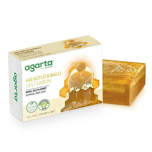 agarta-ari-sutlu-balli-lifli-sabun-150-gr-agarta-175078-77-B-ezgif.com-resize صابون گیاهی آگارتا Agarta Arı Sütlü Ballı Lifli حاوی ژل رویال عسل 150 گرم - Image 1