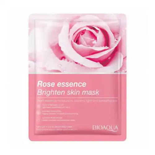 BIOAQUAROSEESSENCEBRIGHTENSKINMASK-500x500-ezgif.com-optiwebp ماسک صورت ورقه ای بیوآکوا Bioaqua Rose Essence Brighten حاوی عصاره گل رز 25 گرم - Image 1