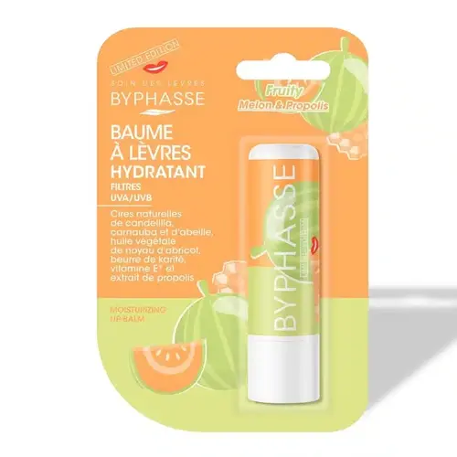 LIP-BALM-LIMITED-EDITION-FRUITY-MELON-AND-PROPOLIS-1U-BLISTER-SHADOW-min-ezgif.com-resize بالم لب مرطوب کننده اسپانیایی بایفاس BYPHASSE cantaloupe با رایحه طالبی 4.8 گرم - Image 1