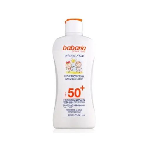 babaria-sun-kids-sunscreen-lotion-water-resistant-spf50-200ml-ezgif.com-resize لوسیون ضدآفتاب کودک اسپانیایی باباریا Babaria KIDS SUNSCREEN SPF 50 ضد آب 200 میل - Image 1