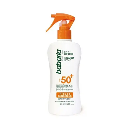 اسپری ضدآفتاب آلوئه ورا اسپانیایی باباریا Babaria MIST SENSITIVE SKIN SPF 50 مناسب پوست حساس 200 میل