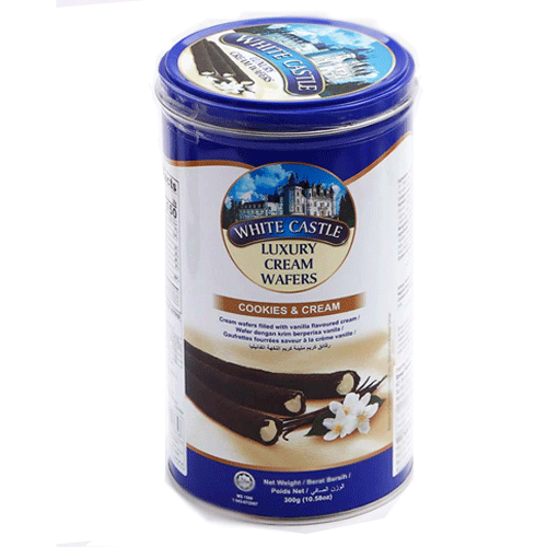 White-Castle-Luxury-Wafer-Rolls---Cookies-&-Cream بیسکویت رولی مالزیایی لوکس وايت کستل White Castle Luxury فیلینگ خامهای 300 گرم - Image 1