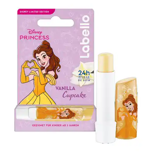 labelo-belle-ezgif.com-optiwebp بالم لب آلمانی لابلو Labello Disney Princess – Vanilla Cupcake با رایحه کاپکیک وانیلی 4.8 گرم - Image 1