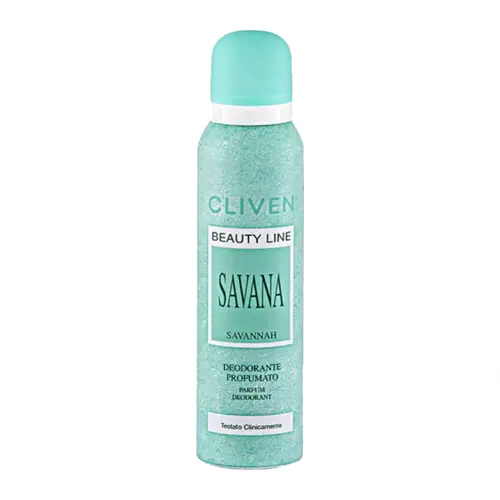 cliven-beauty-line-savana-deodorant-spray-150ml-f-ezgif.com-resize اسپری خوشبو کننده و ضد تعریق ایتالیایی کلیون Cliven Savana با رایحه خنک و تازه 150 میل - Image 1