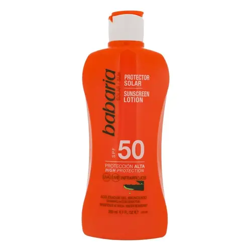 8410412000499_1_Protector-Solar-Babaria-Spf50-Acelerador-Del-Bronceado-X-200ml-ezgif.com-resize لوسیون ضدآفتاب اسپانیایی باباریا Babaria ALOE SPF 50 حاوی عصاره آلوئه ورا 200 میل - Image 1