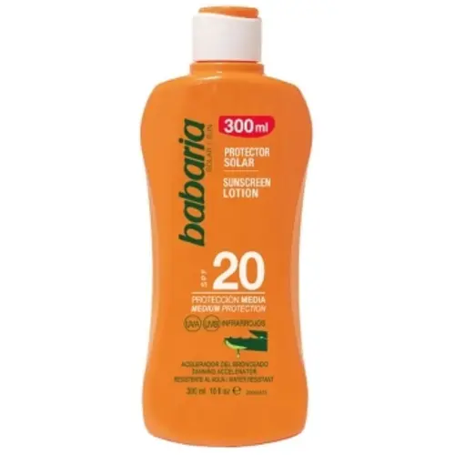 8410412490283-ezgif.com-resize ضدآفتاب اسپانیایی باباریا Babaria ALOE SPF 20 حاوی عصاره آلوئه ورا 300 میل - Image 1