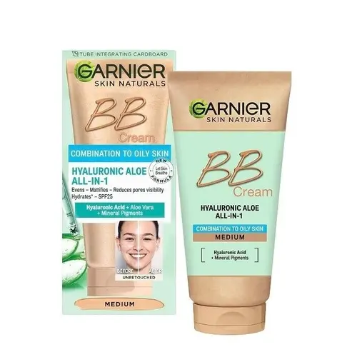 Garnier-BB-Cream-ALL-IN-1-model-suitable-for-medium-skin-tones-ezgif.com-resize بی بی کرم پرتغالی گارنیر BB Garnier Hyaluronic Aloe رنگ مدیوم مناسب پوست چرب 50 میل - Image 1