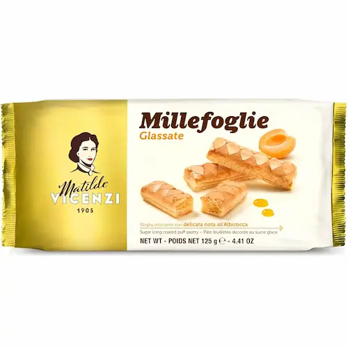 MXAaiPwjq0eATyAQ شیرینی پفی مغزدار ایتالیایی میله فولیه ویچنزی Vicenzi Millefoglie با مغز کرم زردآلو 125 گرم - Image 1