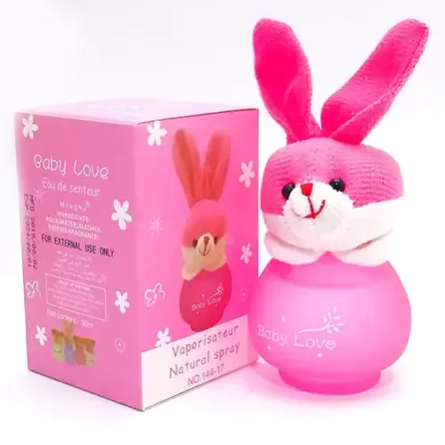 baby-love-perfume.jpg-ezgif.com-resize ادکلن عروسکی کودک بیبی لاو Love Baby خرگوش صورتی 50 میل - Image 1