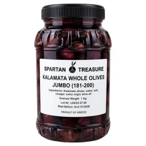 زیتون کامل کالاماتا اسپارتان تریژر Spartan Treasure مناسب سالاد، پیش‌غذا و بشقاب مزه 1 کیلوگرم